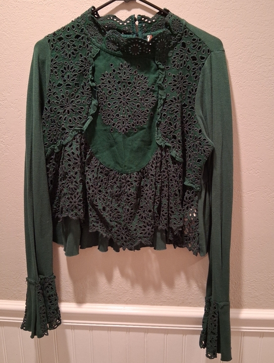Free People Tops - Free People Emerald Green Crochet Lace Long-Sleeve Blouse